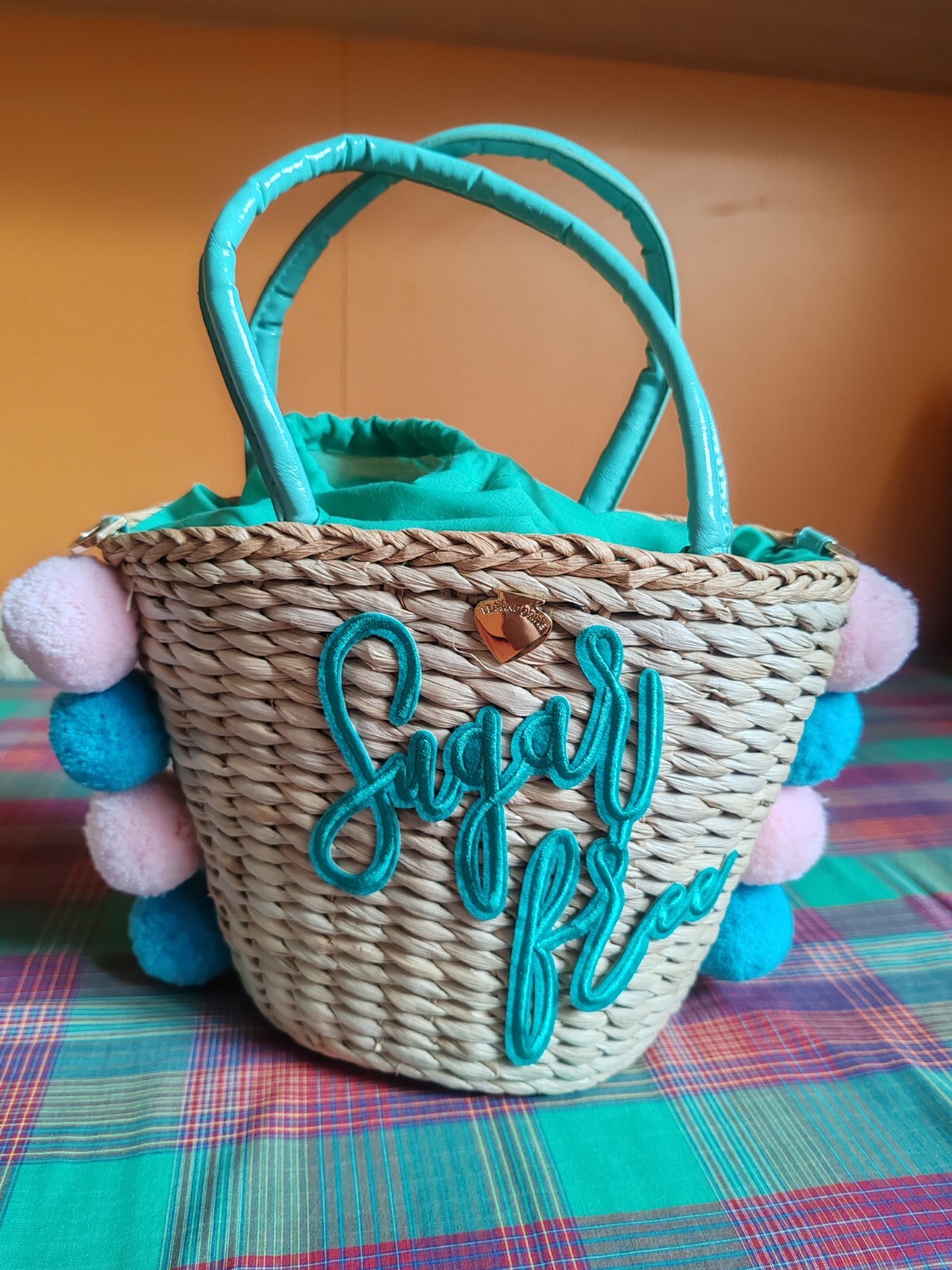 Borsa a mano blu in ecopelle e tessuto