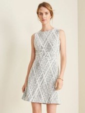 New Ann Taylor Argyle Texture Crew Neck Sleeveless Gray White Fit Flare Dress 10