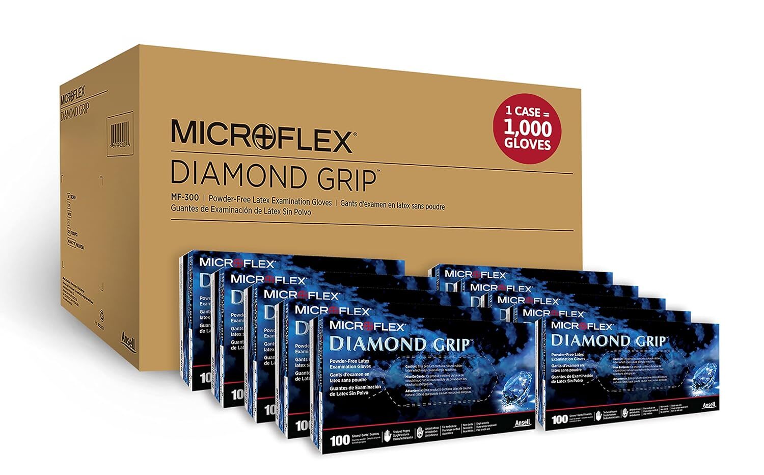 Microflex MF300M Diamond Grip Exam Gloves, PF Latex, Textured Fingers