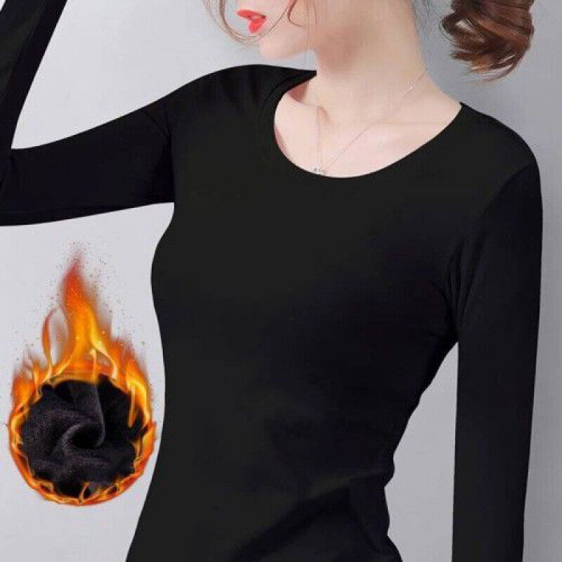 Women Long Sleeve Thermal Tops Round V-Neck Stretch Winter Warm T-Shirt ...