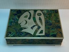 Ancienne boite azurite/malachite, laiton argenté, incrustation tête maya aztèque, doublée bois