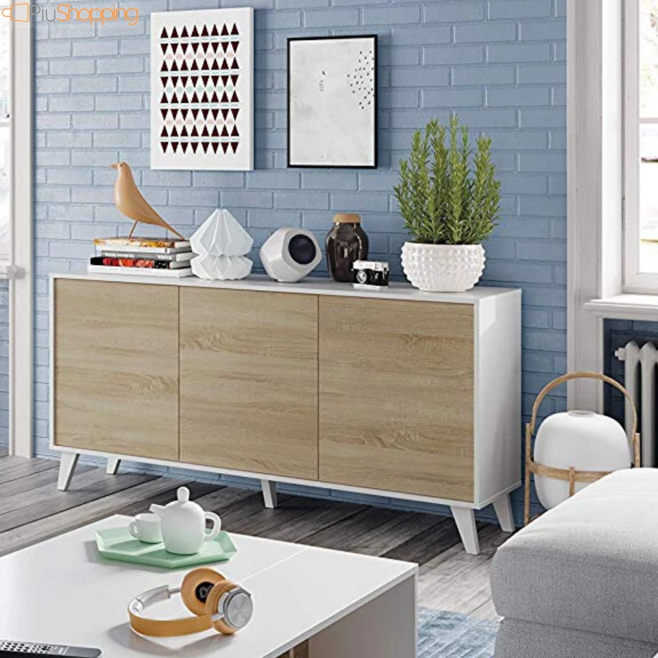 CREDENZA MODERNA MADIA KIT MOBILE BUFFET CON 3 ANTE LEGNO BIANCO LACCATO ROVERE - Immagine 3 di 4