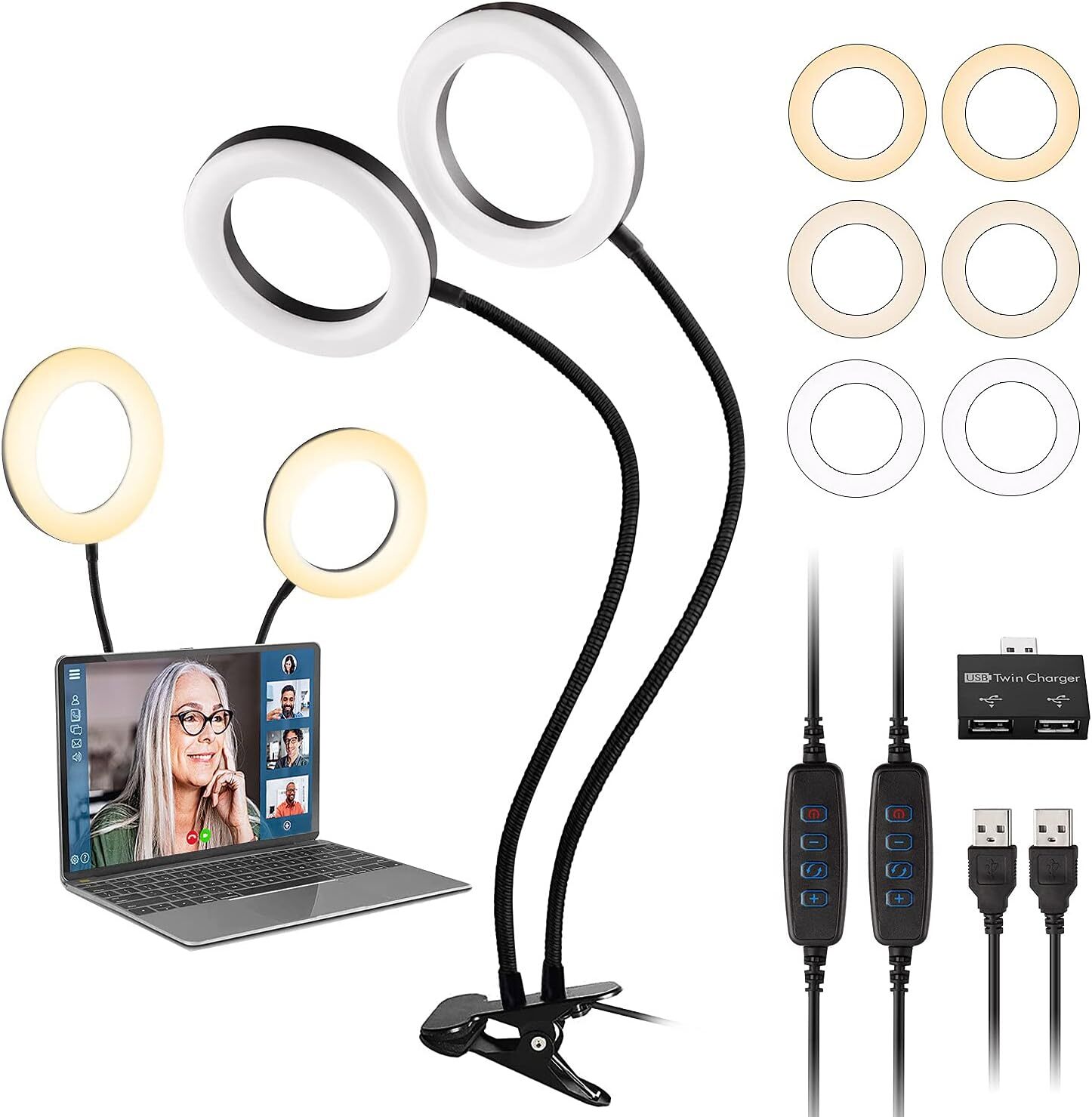 Dual Ring Light for Laptop Computer 6 inch Desk Circle Light with Flexible Arm-image