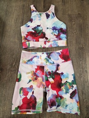 Lulus Make Progress Multi Print High Neck Sports Bra + Biker Shorts Set Small
