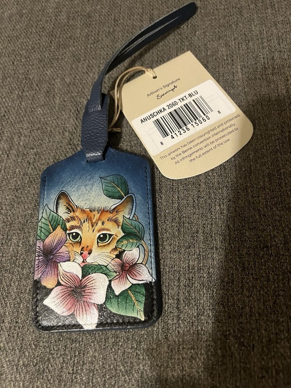 NEW Anuschka Luggage Tag, Hand Painted Cat & Pink/White Flowers, Navy Leather