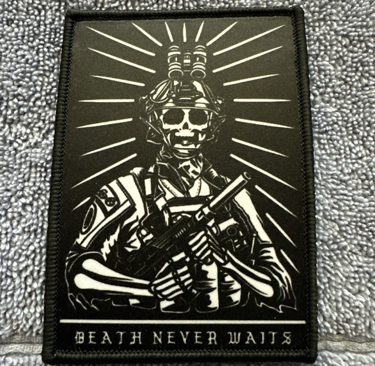 DEATH NEVER WAITS 2x4 Embroidered Morale Patch Hook Backing Brand New
