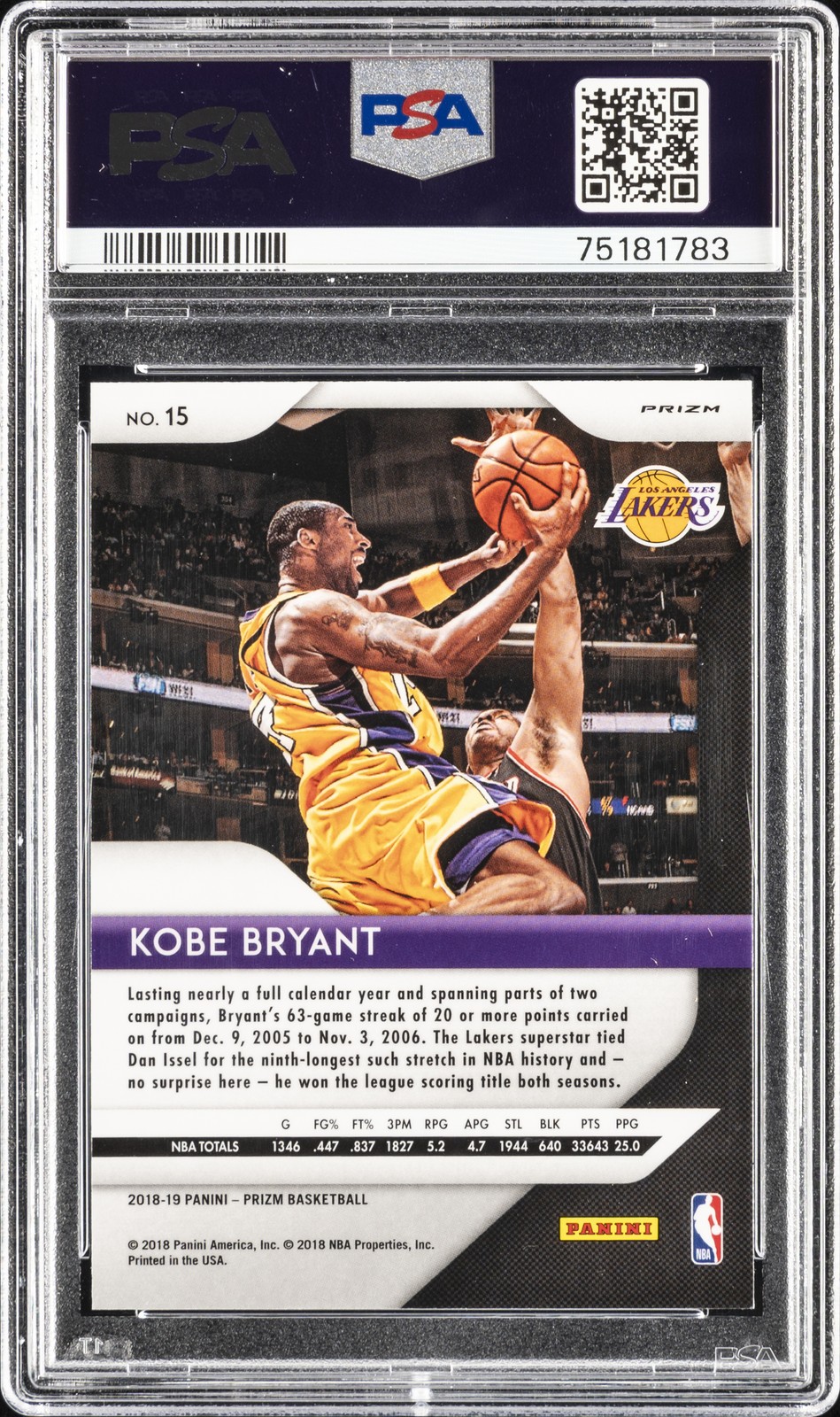 2018 PANINI PRIZM RED/WHITE/BLUE PRIZM #15 KOBE BRYANT PSA 10 view 2