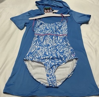 Spyder Youth One Piece Swimsuit & Hooded Cover Up , Size XL (16) 30+UPF, Blue