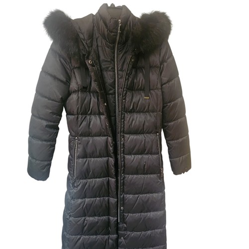 TAHARI Black Maxi Puffer Coat-Long length Faux Fur Trim Hood Small - Picture 2 of 6