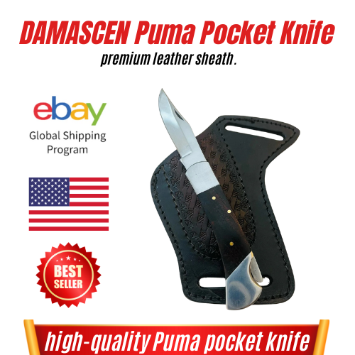 Damascus Puma Pocket Knife Dark Wood Handle | Leather Sheath | Gift for Brother - Picture 5 of 7