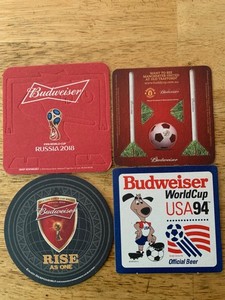 BUDWEISER WORLD CUP SOCCER BEER COASTERS 1994-2008-2014-2018 -BRASIL-RUSSIA-USA
