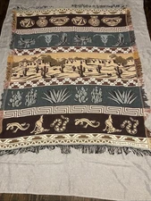 Vtg Crown Crafts Southwestern Reversible Throw Blanket 45x55 Woven Fringed (t)