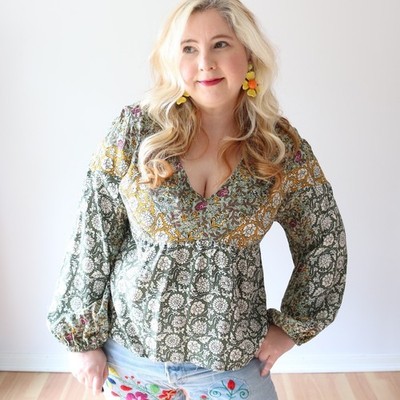 Skies Are Blue Mixed Patchwork Blouse William Morris Artsy Boho Balloon Sleeve