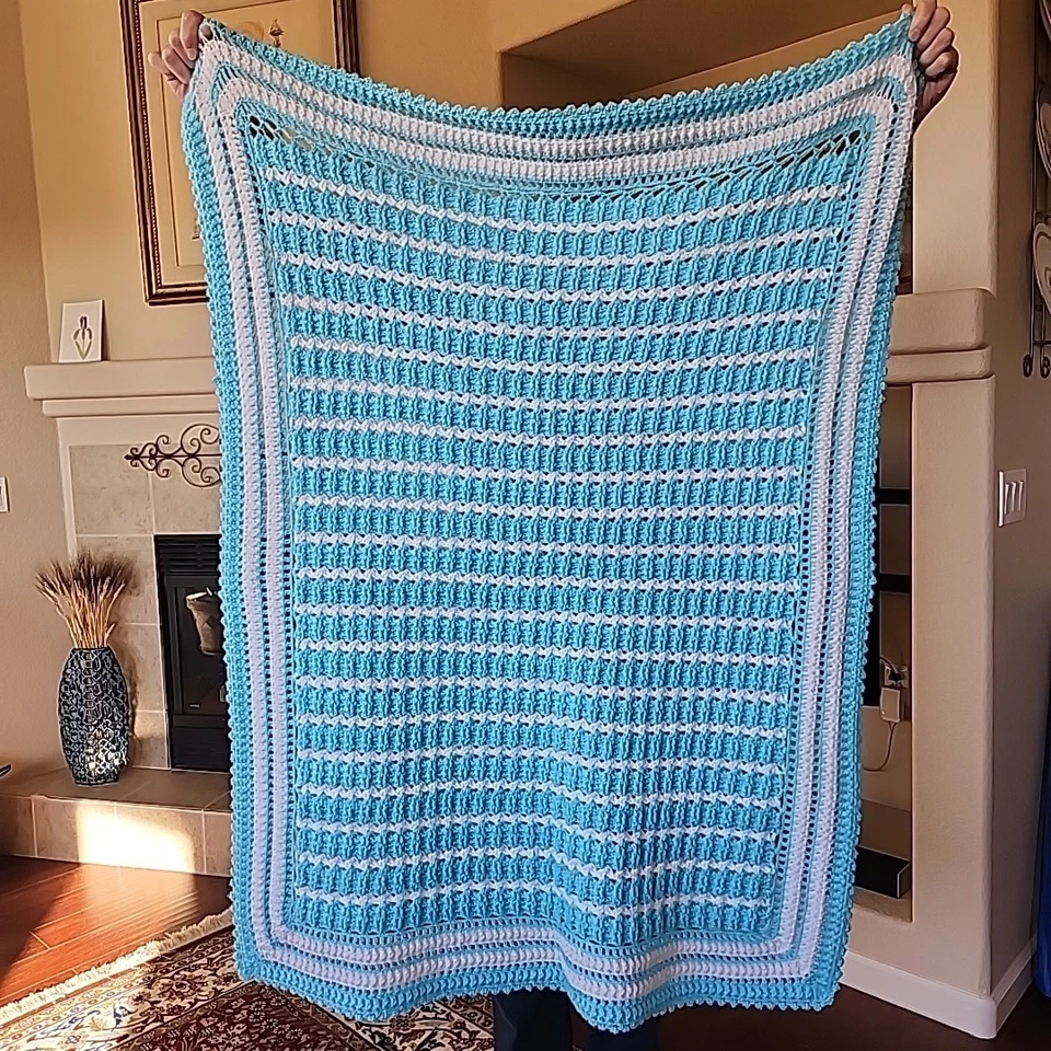 Handmade Baby Lap Blanket Crocheted Turquoise and White 36" X 45" - Image 3 of 4