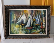 Mid Century Oil Painting Sailboats Colorful Abstract 20x28 Framed Artist Signed 