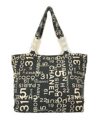 Authentic Chanel By Sea Line Logo Handbag Tote Bag Black White 