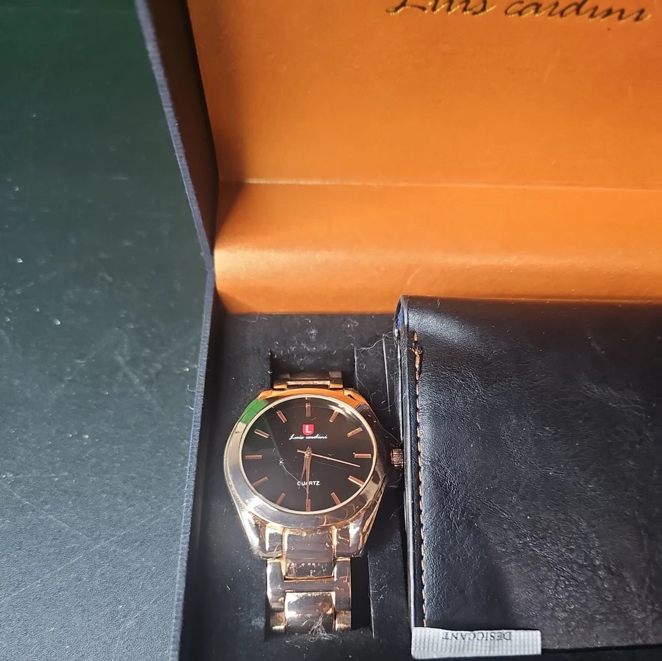 Luis Cardini Tono Cobre Hombre Reloj Cuarzo Cuero Billetera Pluma Set de Regalo con Caja. D Foto 2 de 3