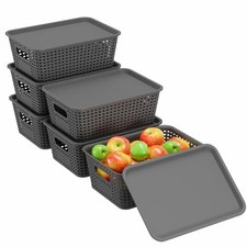 Resze 6-Pack Plastic Storage Bins with Lids, Stackable Organizer Baskets Gray