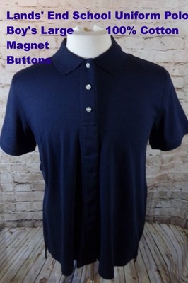 Lands' End Uniform School Polo Boys Large Navy Blue Magnet Buttons Cotton NWT
