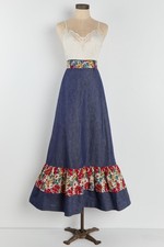70s Denim Floral Trim Long Prairie Skirt XS