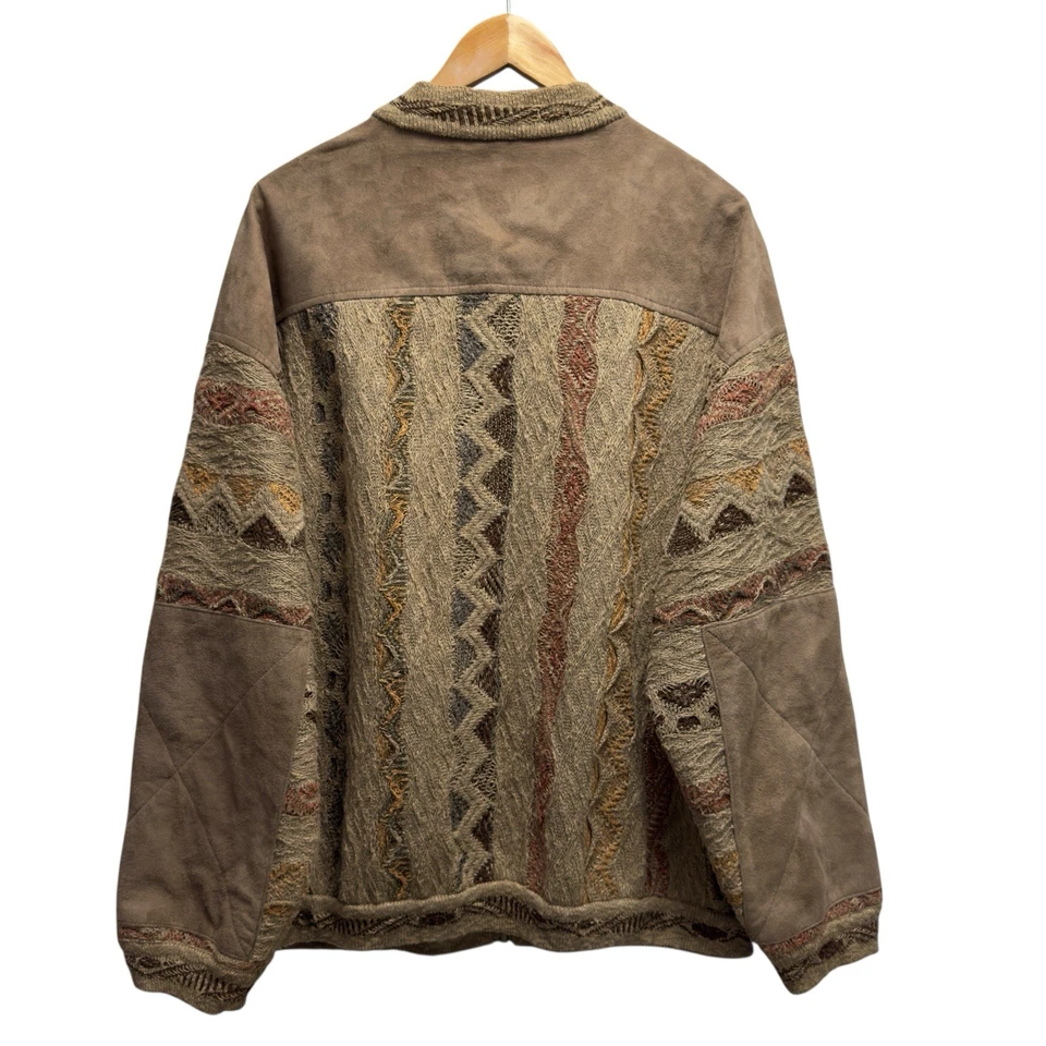 Coogi Classic Vtg Mens XL Full Zip 3D Cable Knit Brown Suede Leather Wool Jacket - Image 4 of 4