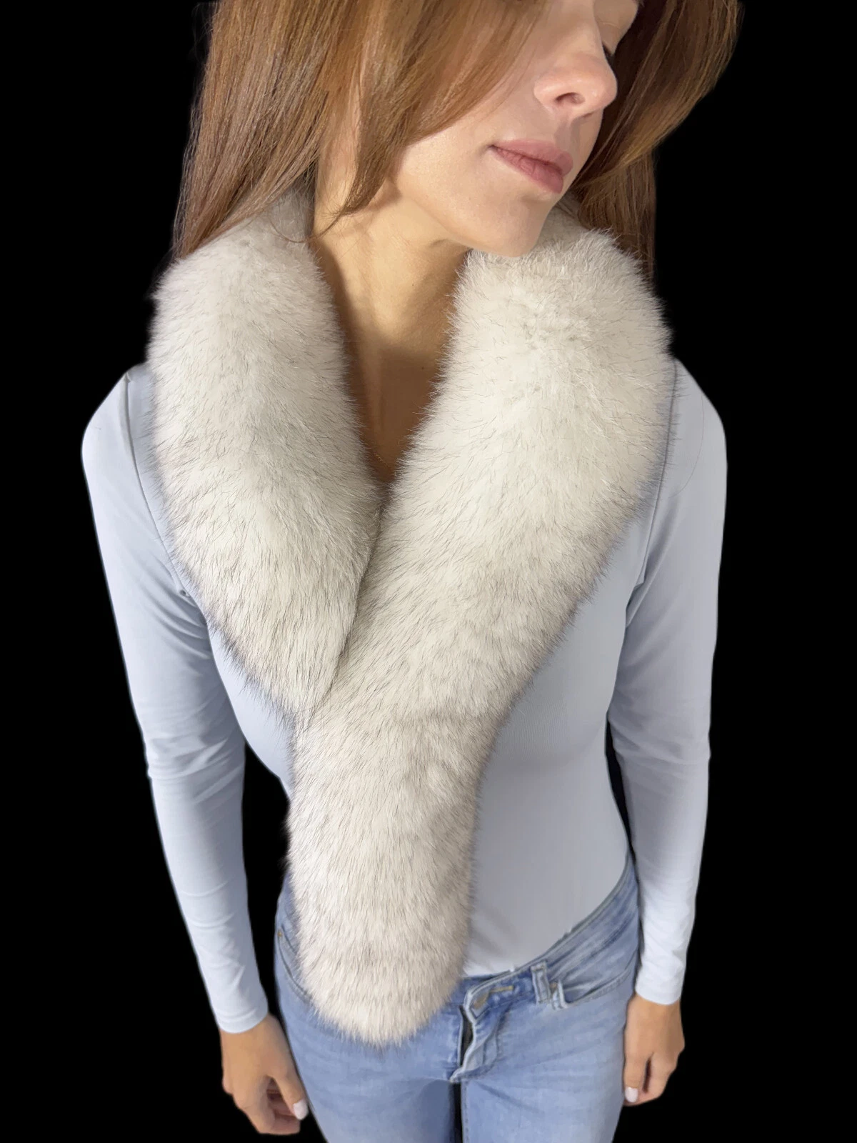 Fox Fur Boa Natural White Color Saga Furs Real Fur Scarf Fur Stole 40" (100cm)