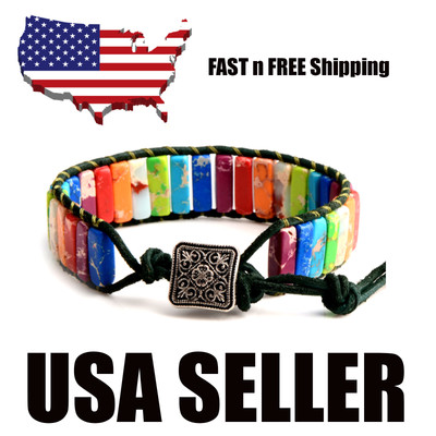 7 Chakra Yoga Bracelet Imperial Jasper Healing Stones Green Leather Button E15