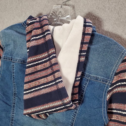 Wall Flower Girls Jacket M Blue Trucker Denim Hooded Striped Long Sleeve NWT - Picture 6 of 10