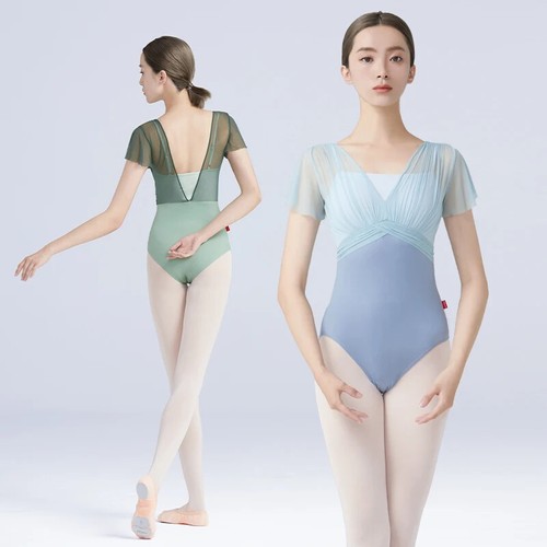 Women Ballet Leotards Dance Leotard Short Sleeve Pleats Ballet Fake Two Piece - 第 3/27 張圖片