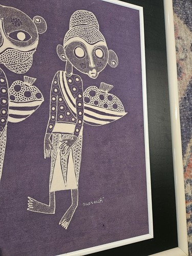 Batik Fabric Painting INDONESIA Framed - Signed Village Women Purple Silk - Picture 2 of 9