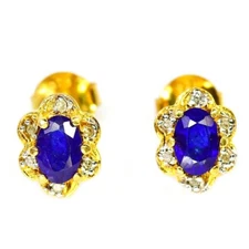 925 STERLING SILVER  NATURAL BLUE SAPPHIRE GEMSTONE OVAL FACET CUT STUD EARRING