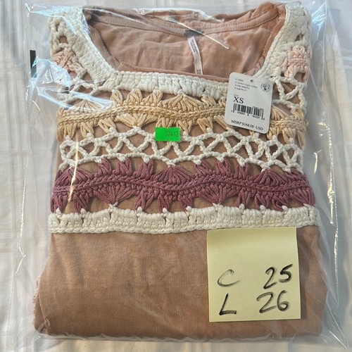 Free People Women's Brown Sugar Combo High Hopes Crochet T-Shirt Size XS - Picture 7 of 8