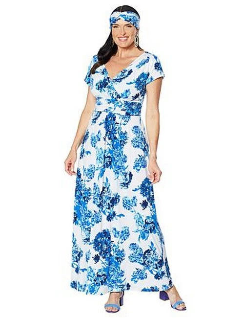 Iman Boho Chic Blue Floral V-Neck Flowy Maxi Dress XL Petite New Sale