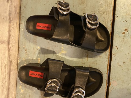 London Rebel Womens Double Buckle Footbed Black Slide Sandals Size 38 US 7  | eBay