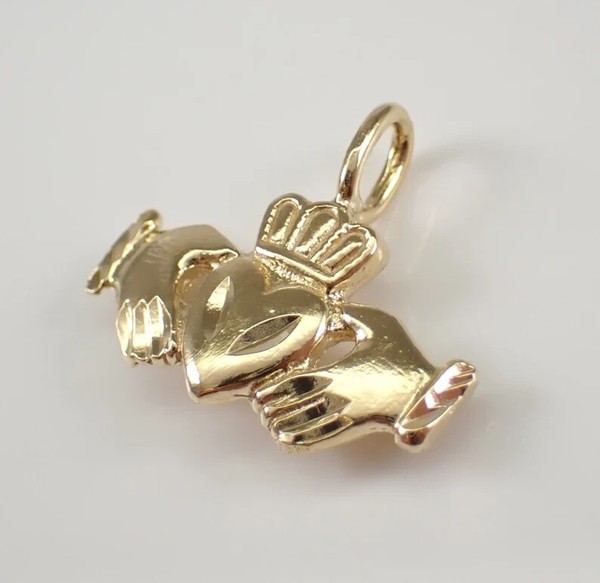 Alternate view of Vintage Estate Claddagh Hands Holding Heart Charm Pendant 14k Yellow Gold Plated
