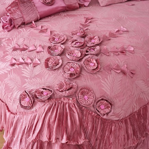 Tache 6 Piece Fancy Satin Pink Royal Dreams Ruffled Floral Comforter Bedding Set - Picture 4 of 11