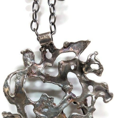 Silver Pendant Necklace White Agate Brutalist Abstract Artisan Scandinavian 830 - Picture 10 of 12