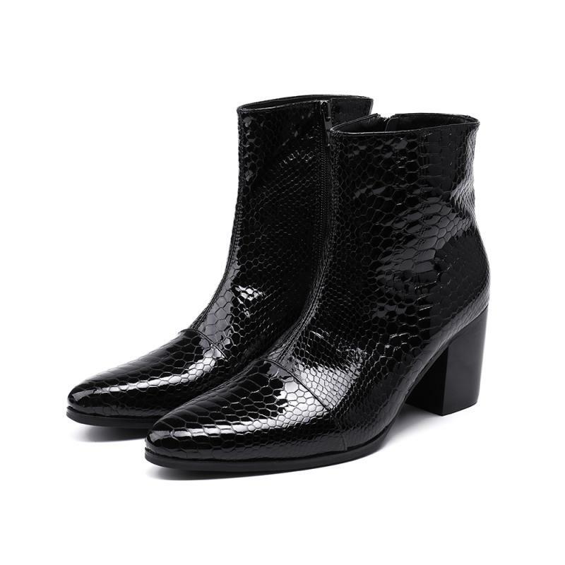 Hombres Británicos Punta Punta Punta Botines Tacón Alto Bloque Patrón Serpiente Zapatos Talla Grande