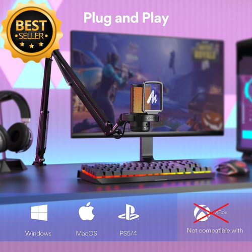 Gaming USB Microphone, Noise Cancelling Condenser Mic with Mute, Gain, Boom Arm - Picture 6 of 12