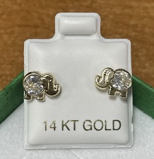 Elephant White Stud Earrings 14K Solid Gold With Safety Backing