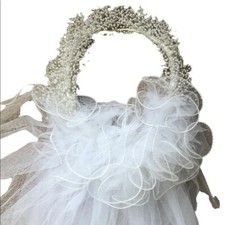 Vintage Wedding Veil Mid Length Tulle Tiny White Seed Pearls Headband 41  White