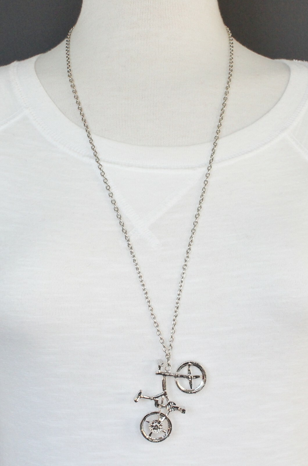 Silver bike necklace 27" long chain bicycle riding 3d pendant pedals wheels 