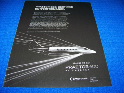 2020 EMBRAER PRAETOR 600 ''CERTIFIED OUTPERFORMANCE''..1-PAGE SALES AD (616DD)
