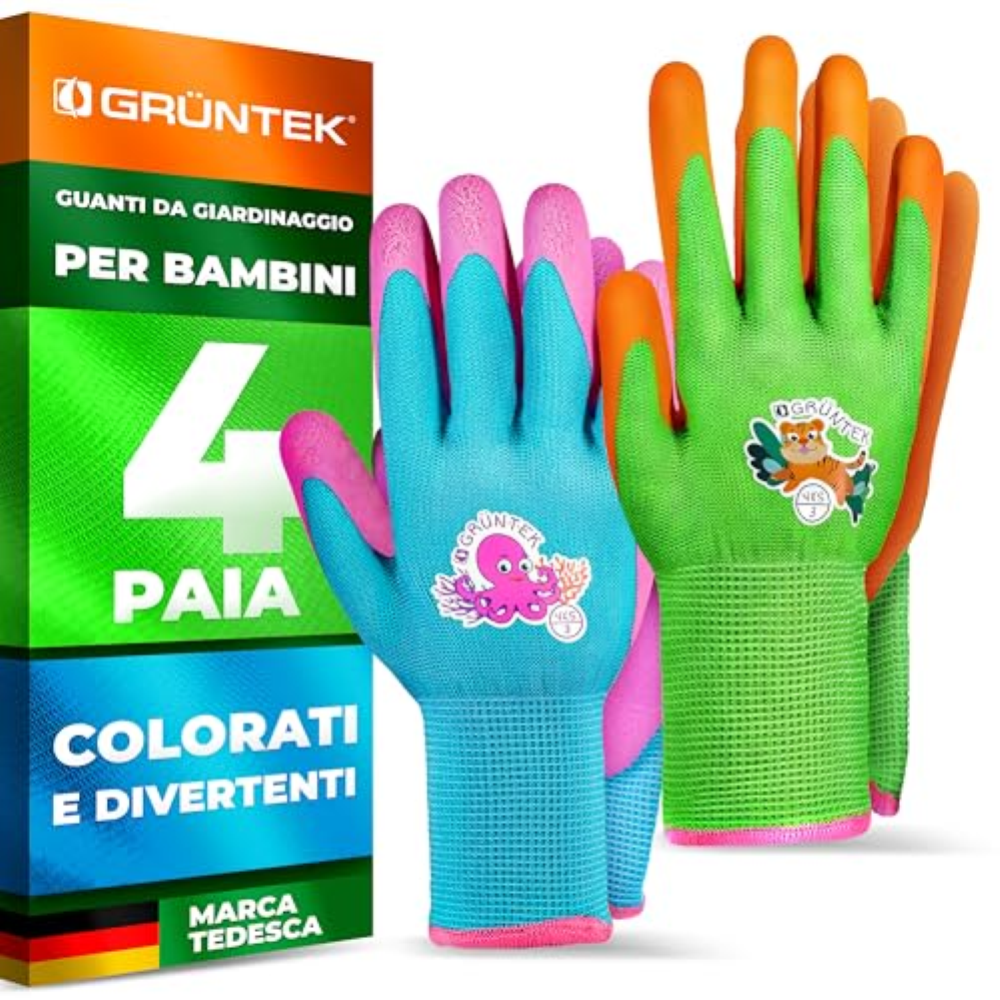 GRuNTEK Guanti Giardinaggio Gioco Lavoro 4 Paia - Rivestiti in Latex. Senza BPA.