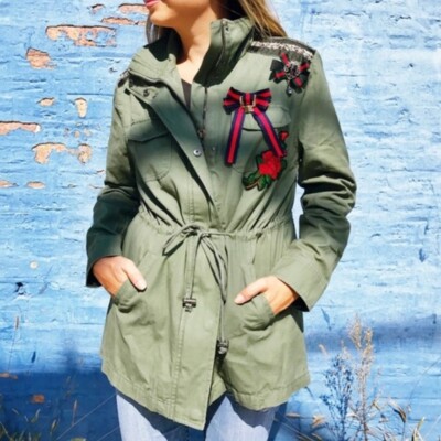 Olive Green Embroidered Embellished Jacket Coat
