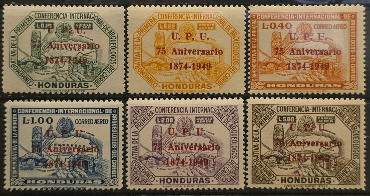 Honduras MH Scott C181-C186 U.P.U. 75th Anniversary Ovpt 1951 F-VF Airmail Set