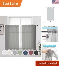 Short Grey Sheer Curtains 36 Inches 2 Panels Set - Light Filtering Kitchen Ti...