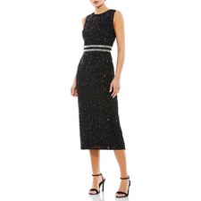 Mac Duggal Black Sleeveless High Neck Beaded Midi Sheath Dress Size 12