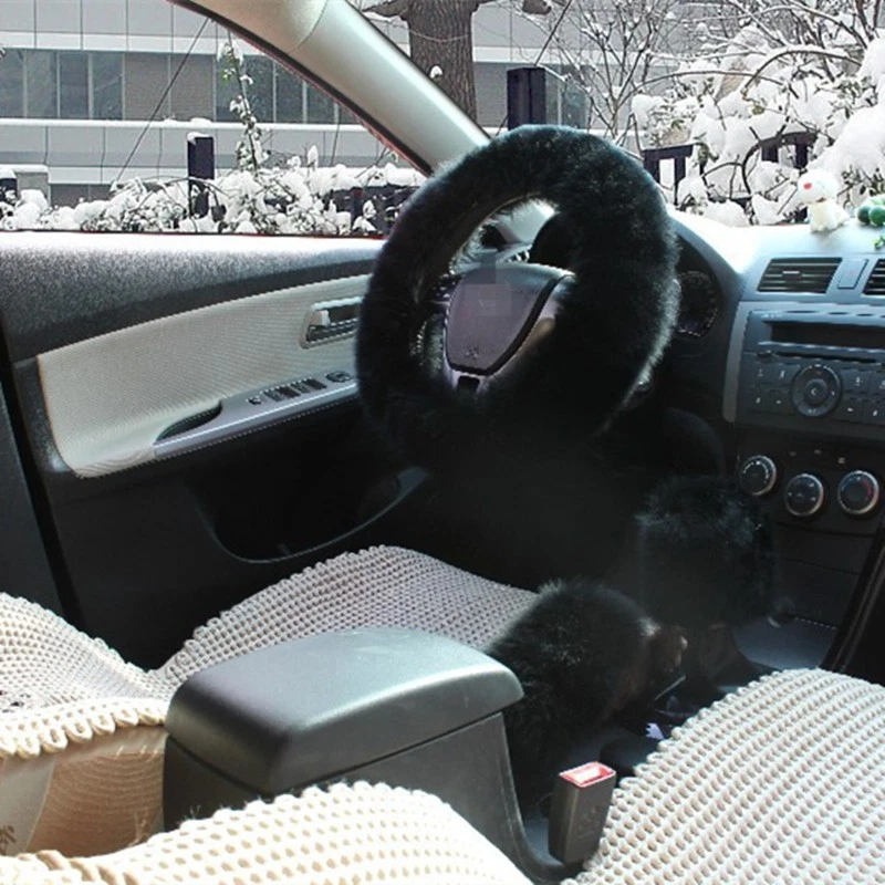 Cubierta larga de perilla de engranaje de freno de mano para volante de coche de lana natural mullida de felpa Foto 3 de 4