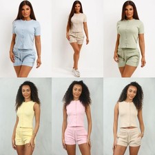 Women's Ribbed Button Up Top And Shorts Set Lounge Molly Mae Set Summer 2-Piece